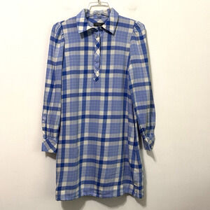 Vineyard Vines Popover Dress XS Calm Water Blue Plaid Flannel Pocket Henley Wool